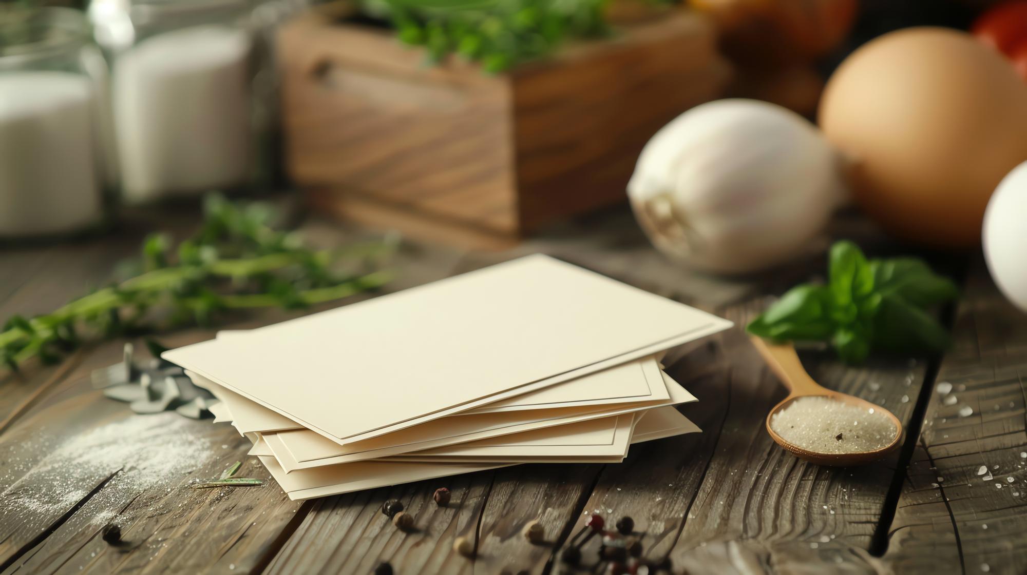 stacked printed recipe dossiers and a compact kit box